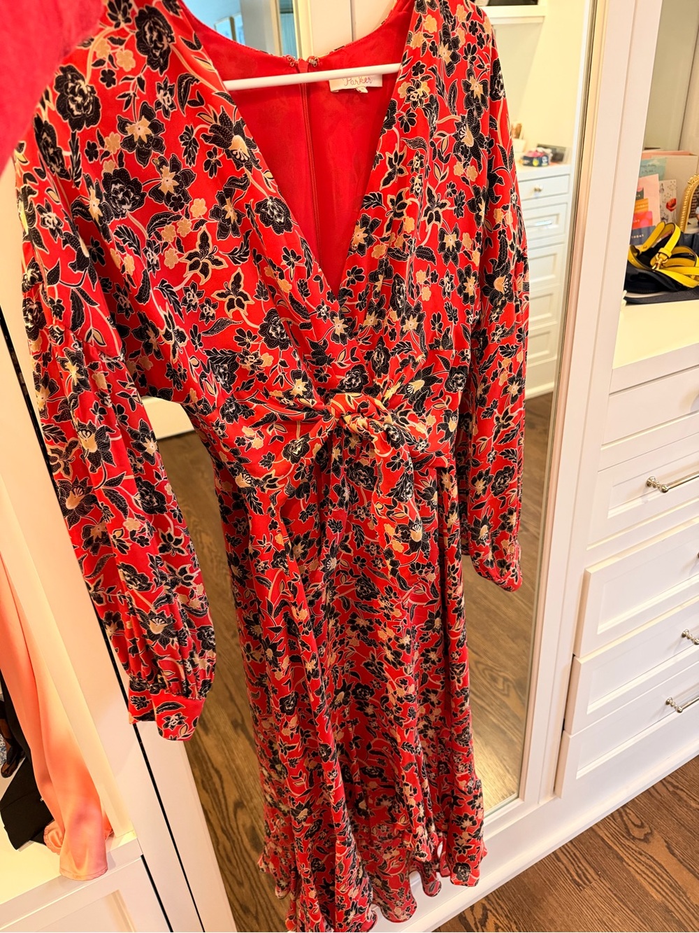 Parker Red Floral Tie-Waist Long-Sleeve Midi Dress